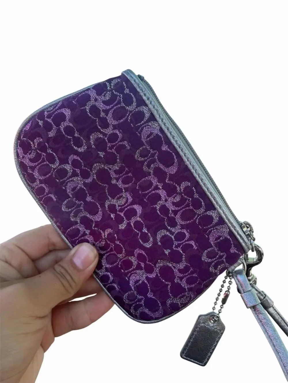 Coach Purple Signature Mini Wristlet Silver Accent